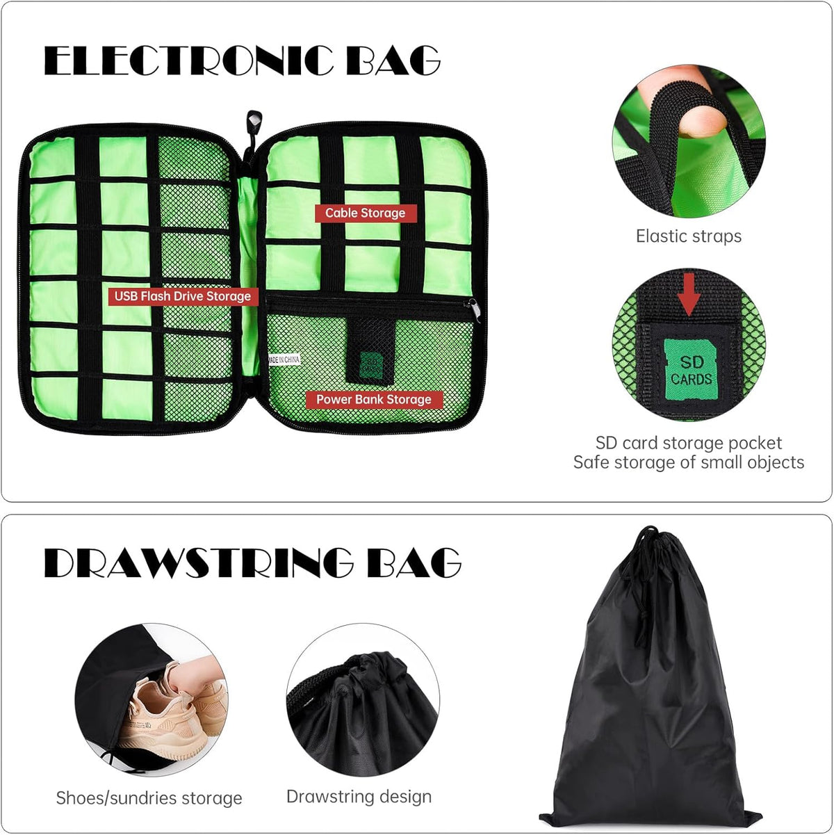 7PCS Compression Packing Cube Set Expandable Mesh Travel Bag Luggage Organizers with Electronic Cable Cord Charger Organizer Drawstring Bag for Trip Home Storage Travel Gear Accessories