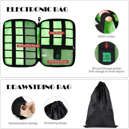 7PCS Compression Packing Cube Set Expandable Mesh Travel Bag Luggage Organizers with Electronic Cable Cord Charger Organizer Drawstring Bag for Trip Home Storage Travel Gear Accessories