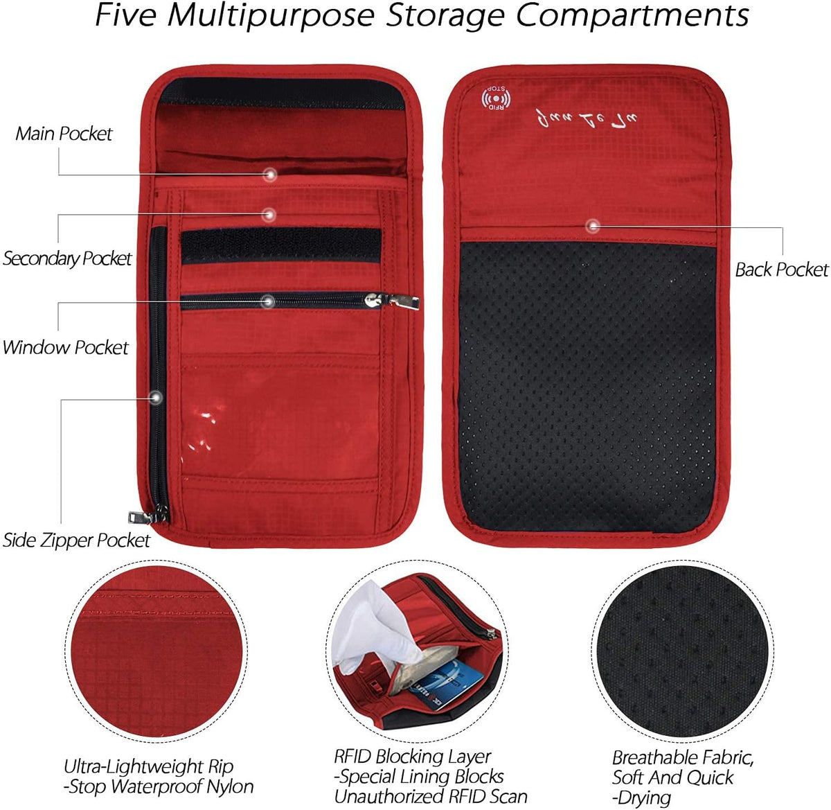 Neck Wallet, RFID Passport Holder for Travel, Adjustable Neck Strap, Waterproof Neck Pouch for Men & Women to Keep Cash, Credit Cards and Documents Safe, Red (8x6)