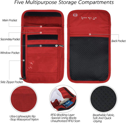 Neck Wallet, RFID Passport Holder for Travel, Adjustable Neck Strap, Waterproof Neck Pouch for Men & Women to Keep Cash, Credit Cards and Documents Safe, Red (8x6)