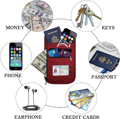 Neck Wallet, RFID Passport Holder for Travel, Adjustable Neck Strap, Waterproof Neck Pouch for Men & Women to Keep Cash, Credit Cards and Documents Safe, Red (8x6)