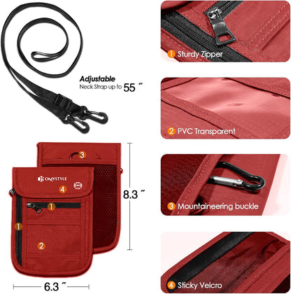 Neck Wallet, RFID Passport Holder for Travel, Adjustable Neck Strap, Waterproof Neck Pouch for Men & Women to Keep Cash, Credit Cards and Documents Safe, Red (8x6)