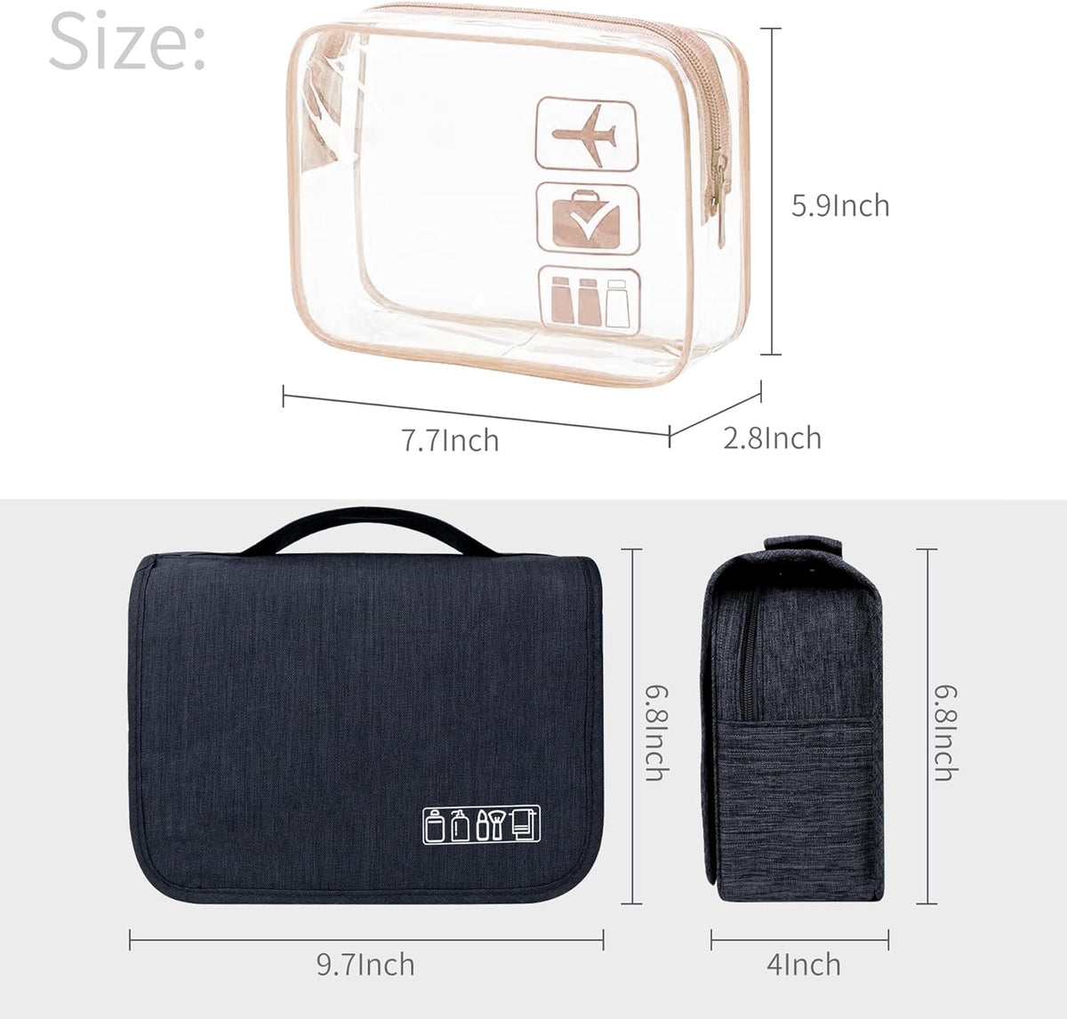 Large Capacity Toiletry Bag Travel Bag with Hanging Hook for Men and Women Waterproof Travel Cosmetic Bag Bathroom Bag,with TSA Approved Zippers Clear Travel Makeup Bag Carry-on