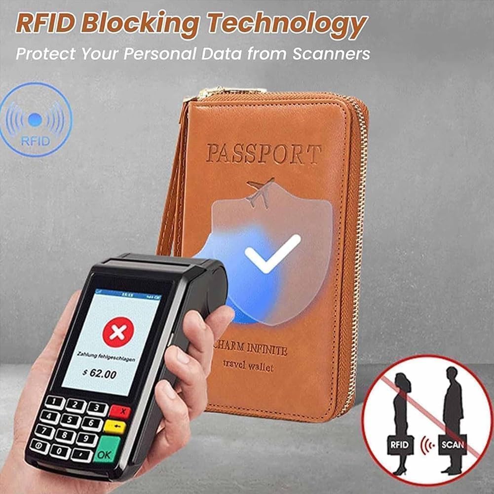 Rowgins Multi-Functional RFID Passport Wallet, Multifunctional Travel Wallet for Men Women, Secure ID Card Organizer with Anti-Theft Protection, Passport Holder for Travel Essentials (Brown)