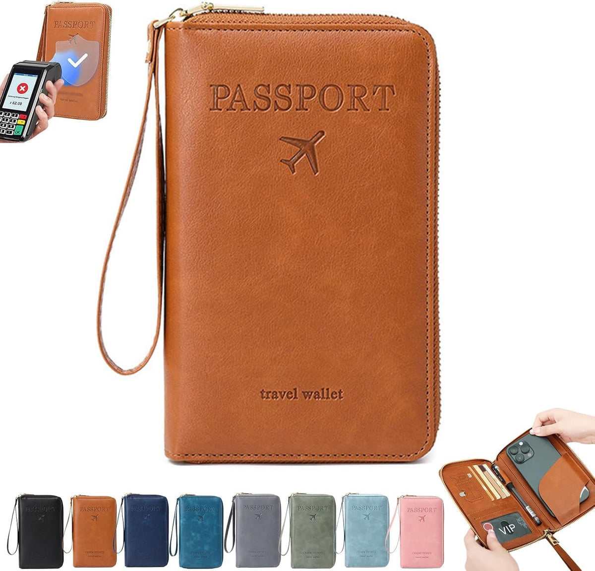 Rowgins Multi-Functional RFID Passport Wallet, Multifunctional Travel Wallet for Men Women, Secure ID Card Organizer with Anti-Theft Protection, Passport Holder for Travel Essentials (Brown)