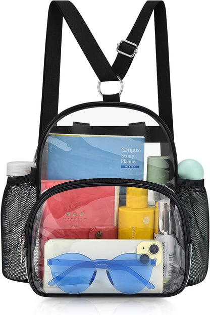 Small Clear Backpack for Women - Concerts, Stadium Events Convertible Crossbody Bag with Side Mesh Pockets