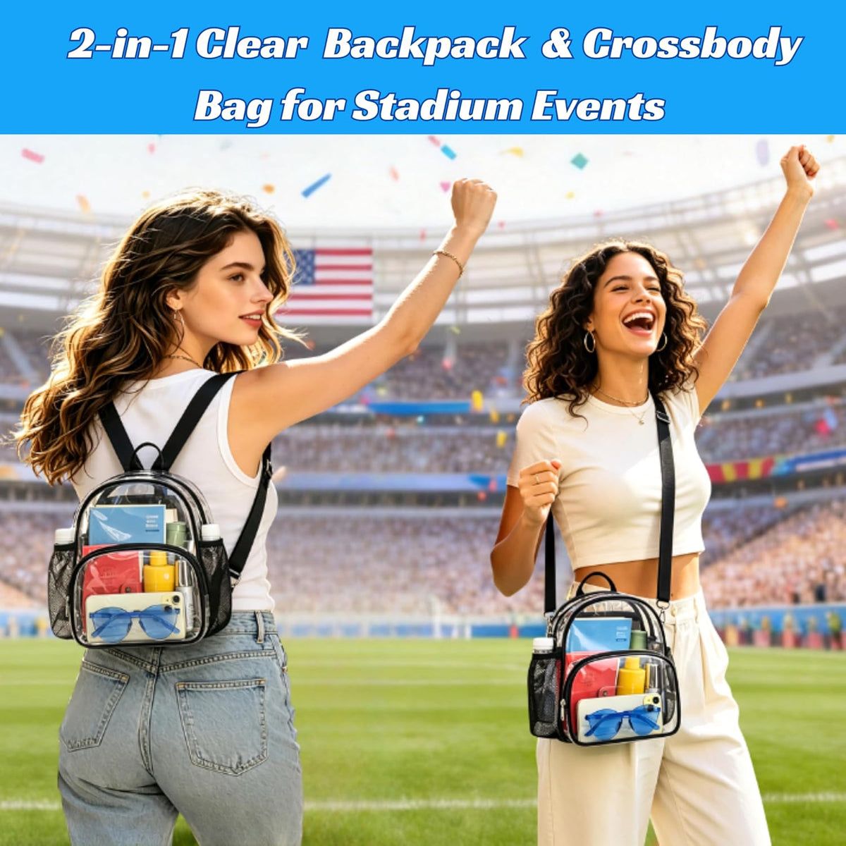 Small Clear Backpack for Women - Concerts, Stadium Events Convertible Crossbody Bag with Side Mesh Pockets