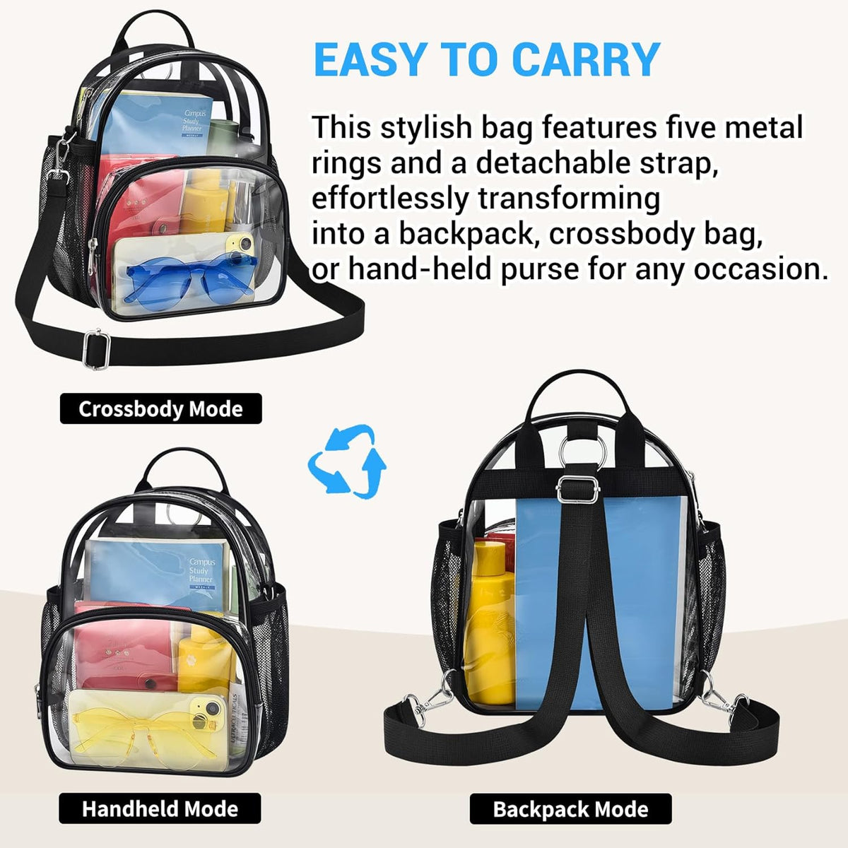 Small Clear Backpack for Women - Concerts, Stadium Events Convertible Crossbody Bag with Side Mesh Pockets