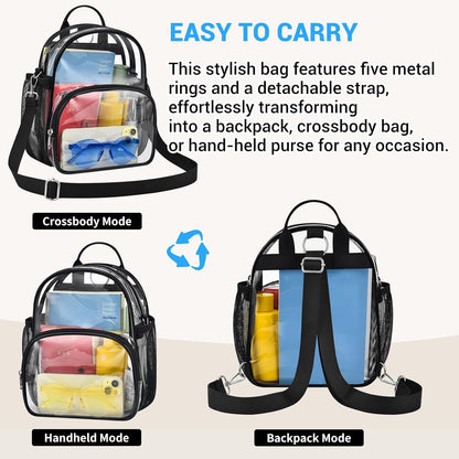Small Clear Backpack for Women - Concerts, Stadium Events Convertible Crossbody Bag with Side Mesh Pockets