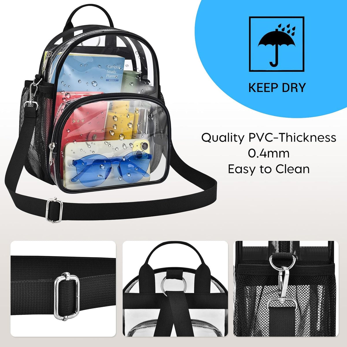 Small Clear Backpack for Women - Concerts, Stadium Events Convertible Crossbody Bag with Side Mesh Pockets