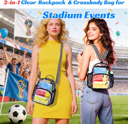 Small Clear Backpack for Women - Concerts, Stadium Events Convertible Crossbody Bag with Side Mesh Pockets