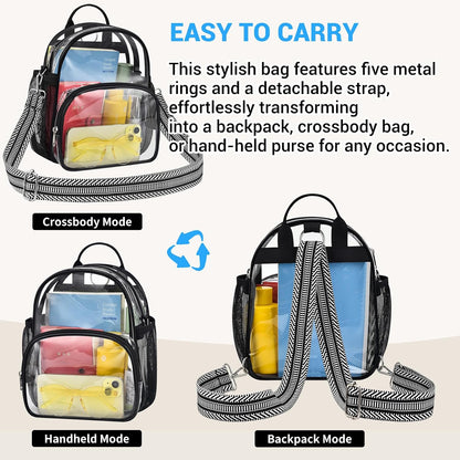Small Clear Backpack for Women - Concerts, Stadium Events Convertible Crossbody Bag with Side Mesh Pockets