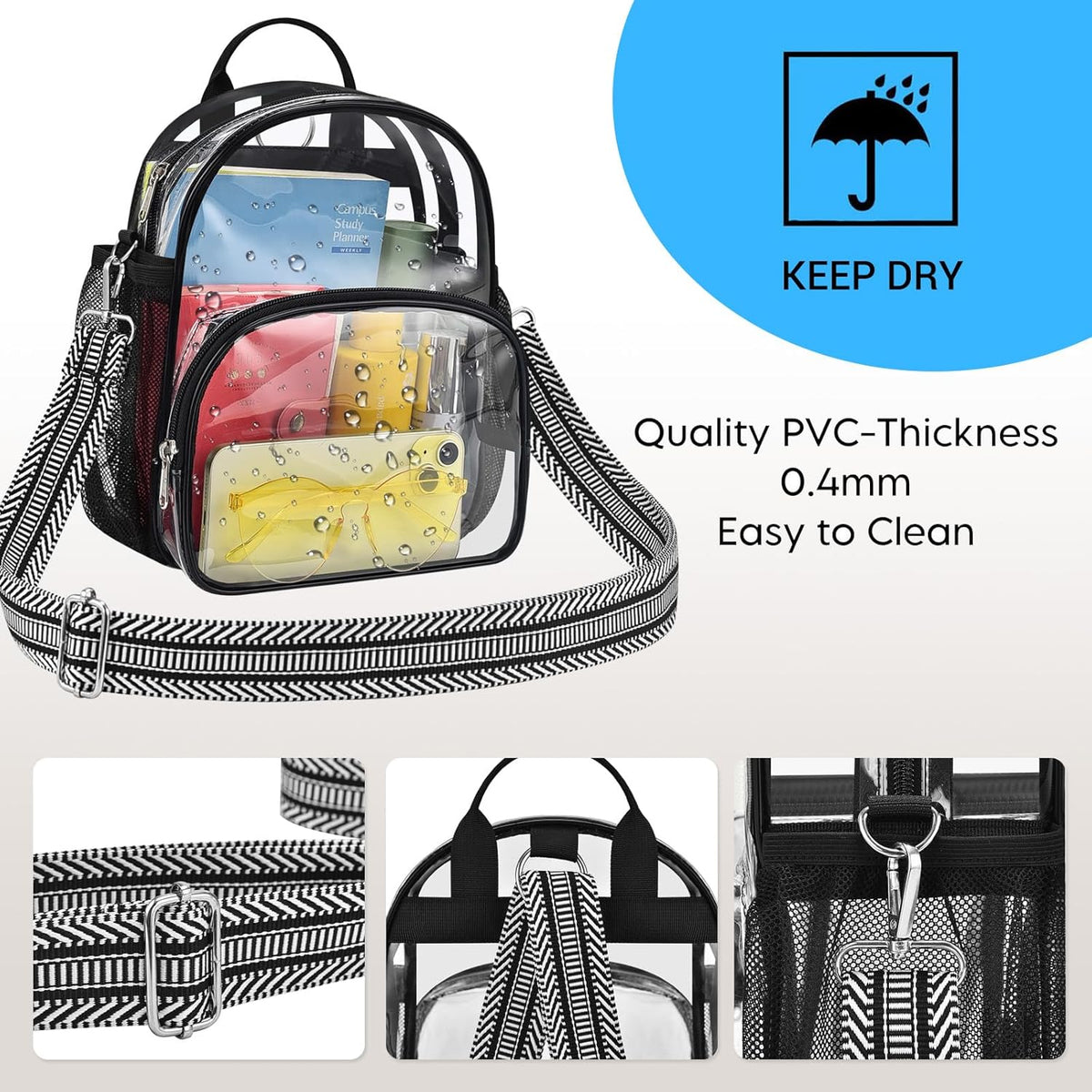 Small Clear Backpack for Women - Concerts, Stadium Events Convertible Crossbody Bag with Side Mesh Pockets