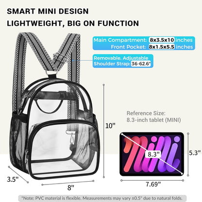 Small Clear Backpack for Women - Concerts, Stadium Events Convertible Crossbody Bag with Side Mesh Pockets