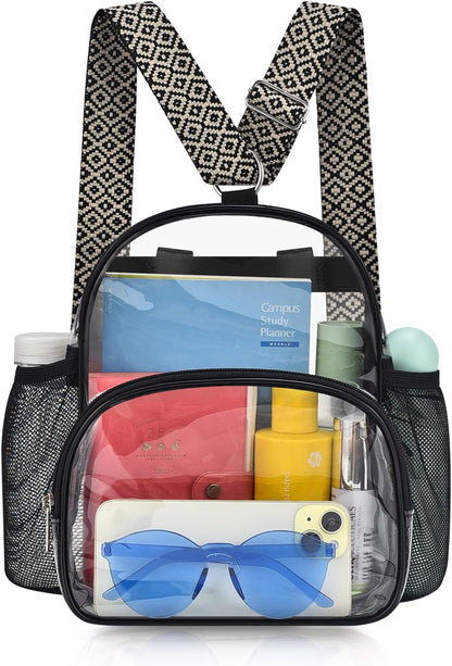 Small Clear Backpack for Women - Concerts, Stadium Events Convertible Crossbody Bag with Side Mesh Pockets