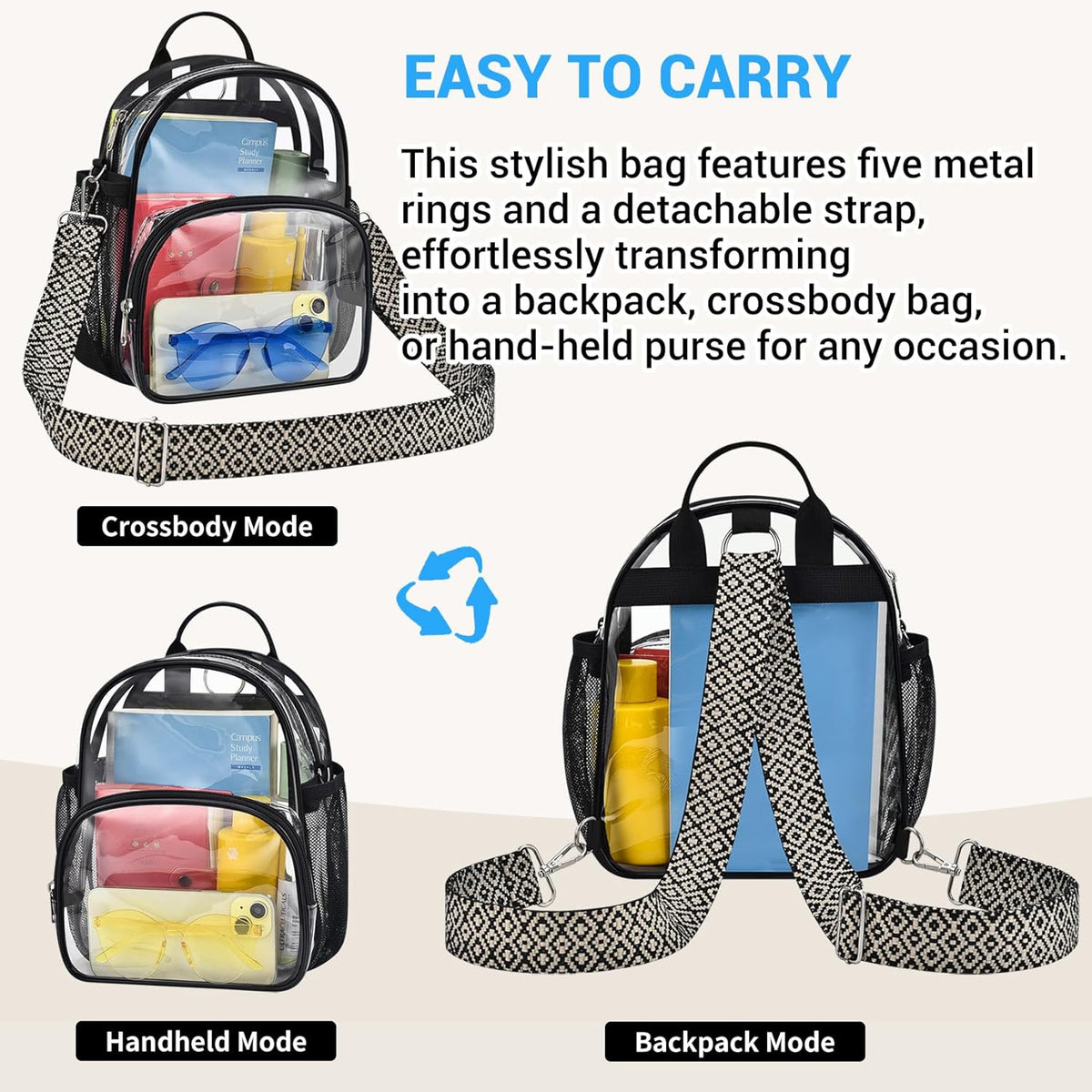 Small Clear Backpack for Women - Concerts, Stadium Events Convertible Crossbody Bag with Side Mesh Pockets