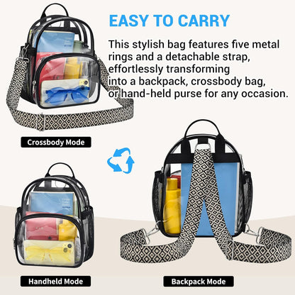 Small Clear Backpack for Women - Concerts, Stadium Events Convertible Crossbody Bag with Side Mesh Pockets