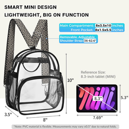 Small Clear Backpack for Women - Concerts, Stadium Events Convertible Crossbody Bag with Side Mesh Pockets