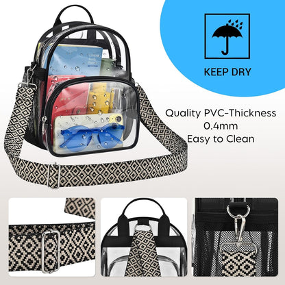 Small Clear Backpack for Women - Concerts, Stadium Events Convertible Crossbody Bag with Side Mesh Pockets