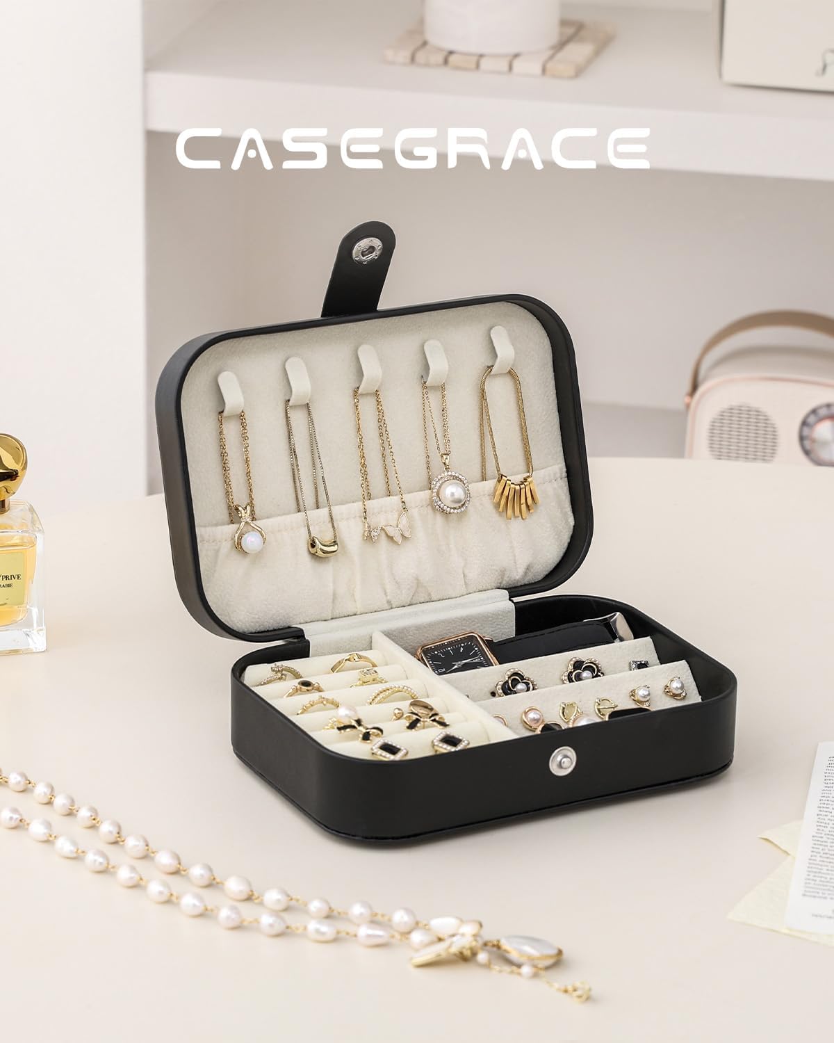 Travel Jewelry Case, Double Layer Travel Jewelry Organizer for Necklace Earring Rings Jewelry Display Case for Women, White