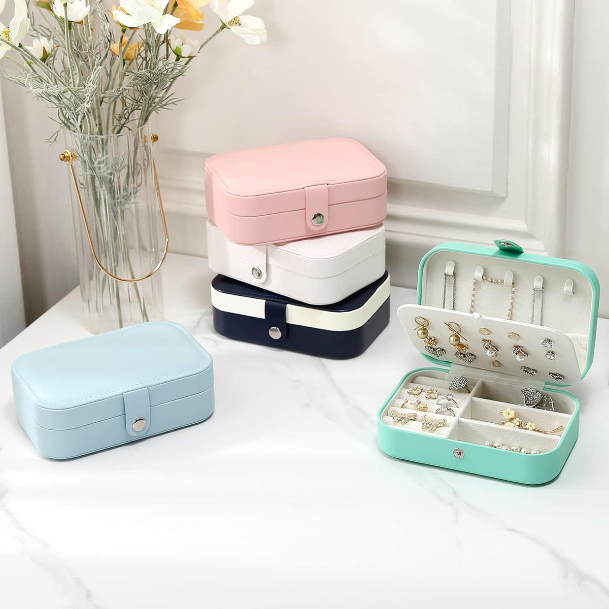 Travel Jewelry Case, Double Layer Travel Jewelry Organizer for Necklace Earring Rings Jewelry Display Case for Women, White