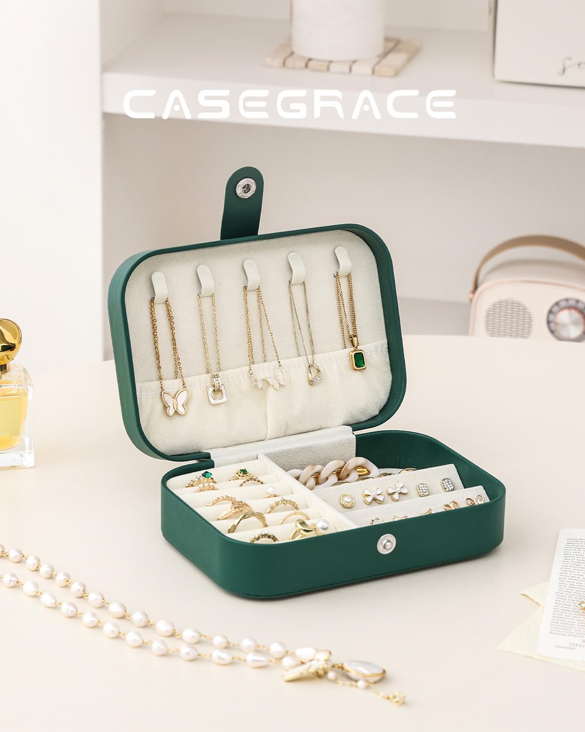 Travel Jewelry Case, Double Layer Travel Jewelry Organizer for Necklace Earring Rings Jewelry Display Case for Women, White