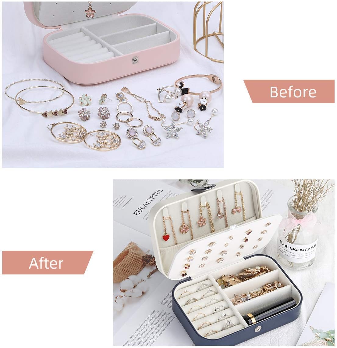 Travel Jewelry Case, Double Layer Travel Jewelry Organizer for Necklace Earring Rings Jewelry Display Case for Women, White