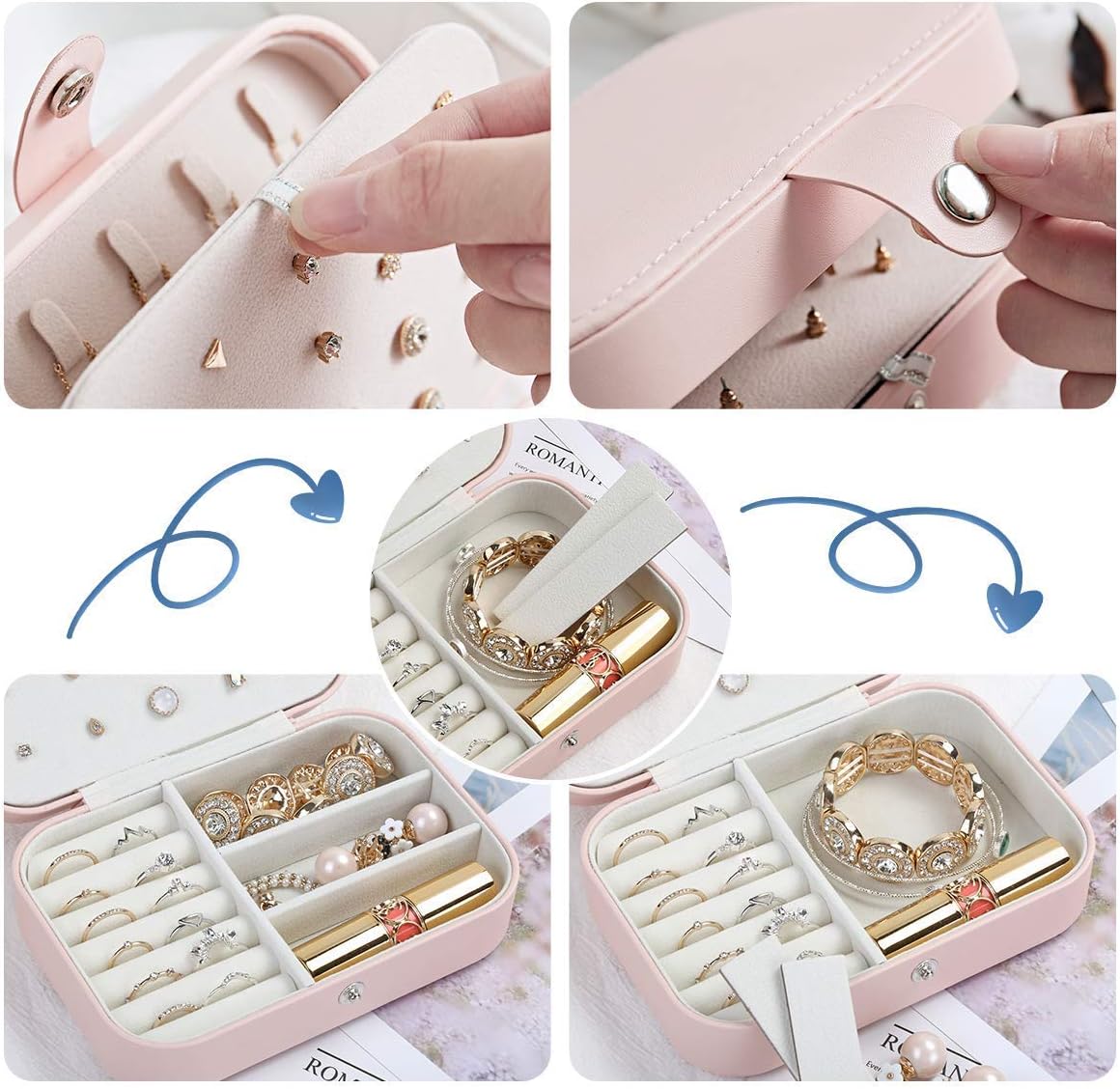 Travel Jewelry Case, Double Layer Travel Jewelry Organizer for Necklace Earring Rings Jewelry Display Case for Women, White