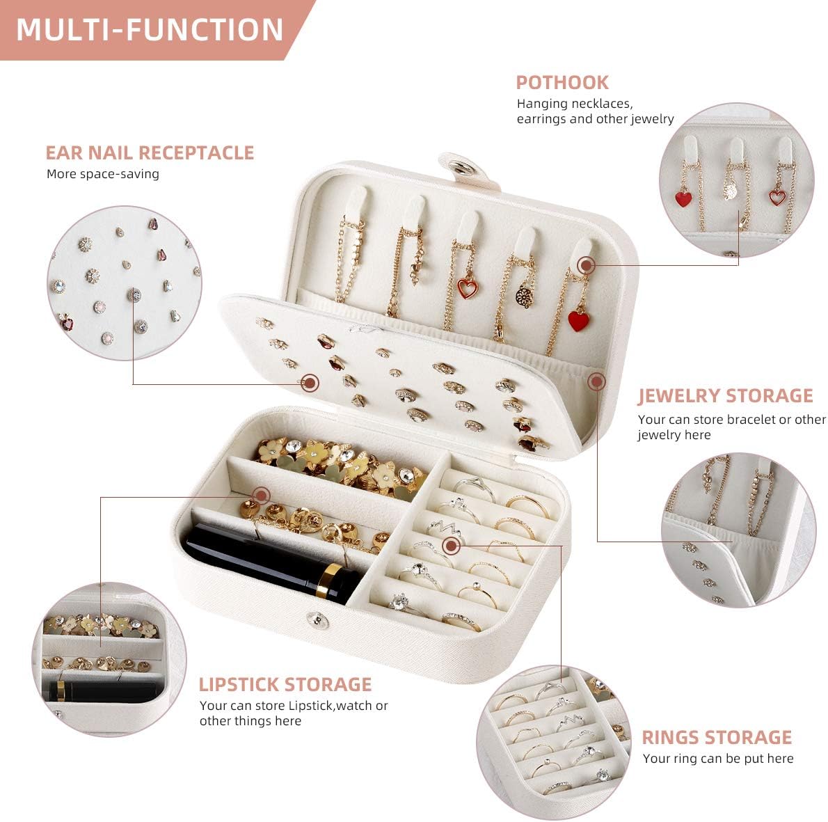 Travel Jewelry Case, Double Layer Travel Jewelry Organizer for Necklace Earring Rings Jewelry Display Case for Women, White