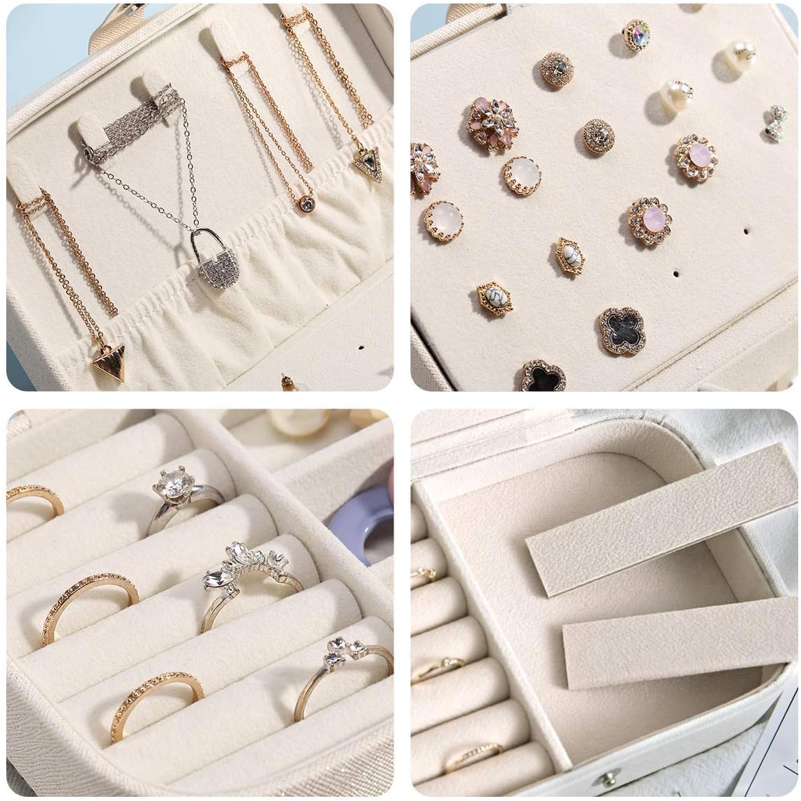 Travel Jewelry Case, Double Layer Travel Jewelry Organizer for Necklace Earring Rings Jewelry Display Case for Women, White