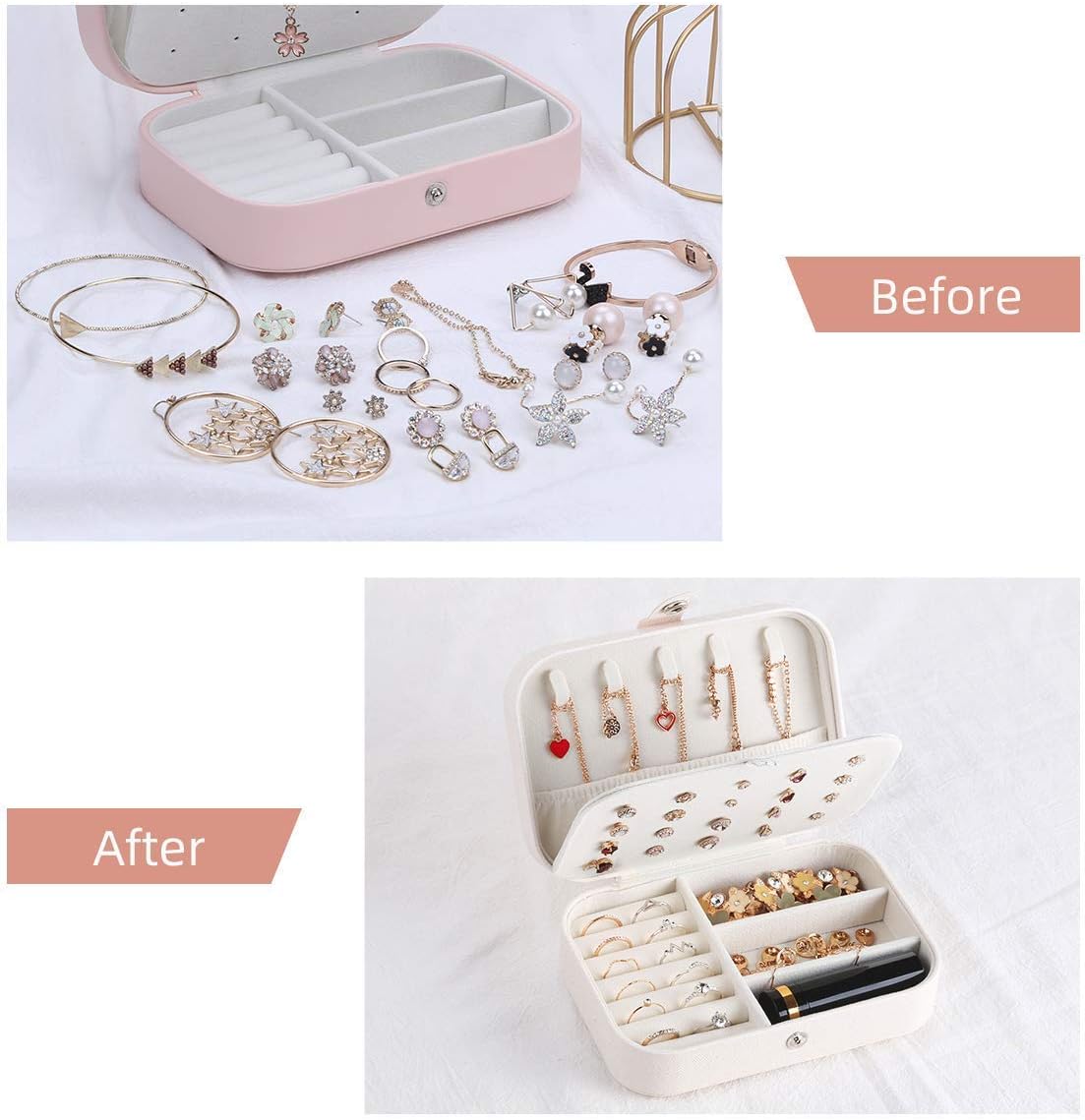 Travel Jewelry Case, Double Layer Travel Jewelry Organizer for Necklace Earring Rings Jewelry Display Case for Women, White