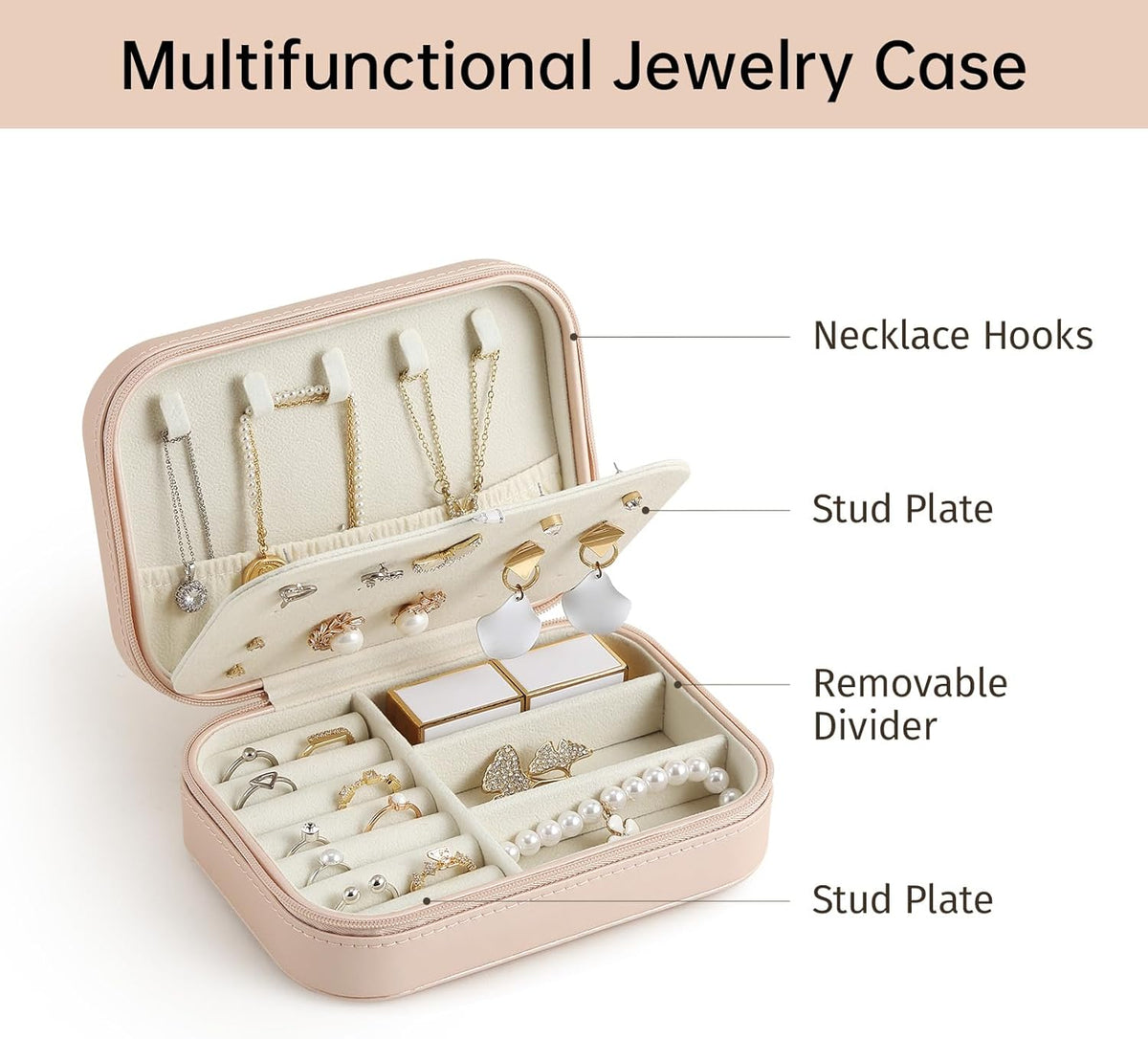 Travel Jewelry Case, Double Layer Travel Jewelry Organizer for Necklace Earring Rings Jewelry Display Case for Women, White