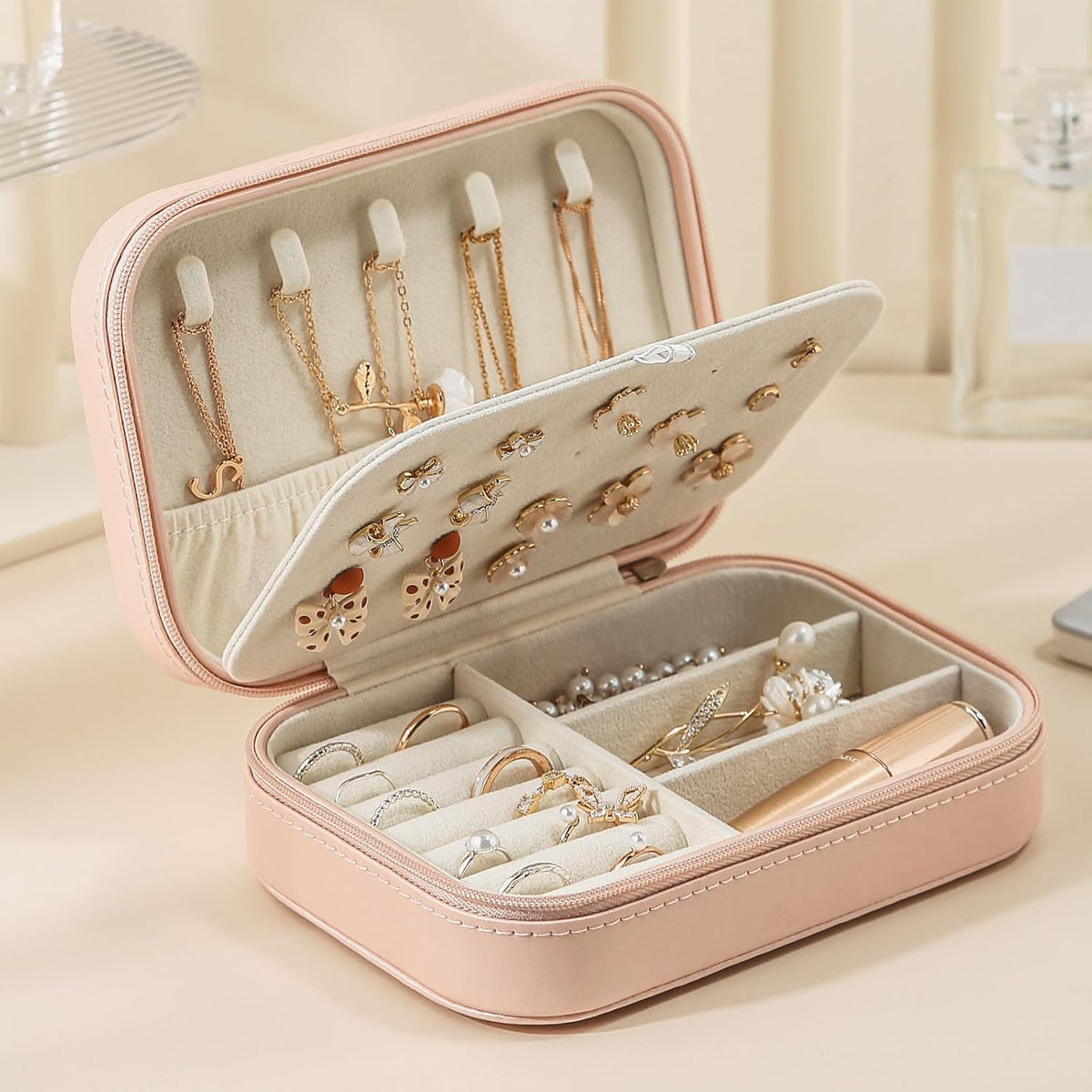 Travel Jewelry Case, Double Layer Travel Jewelry Organizer for Necklace Earring Rings Jewelry Display Case for Women, White