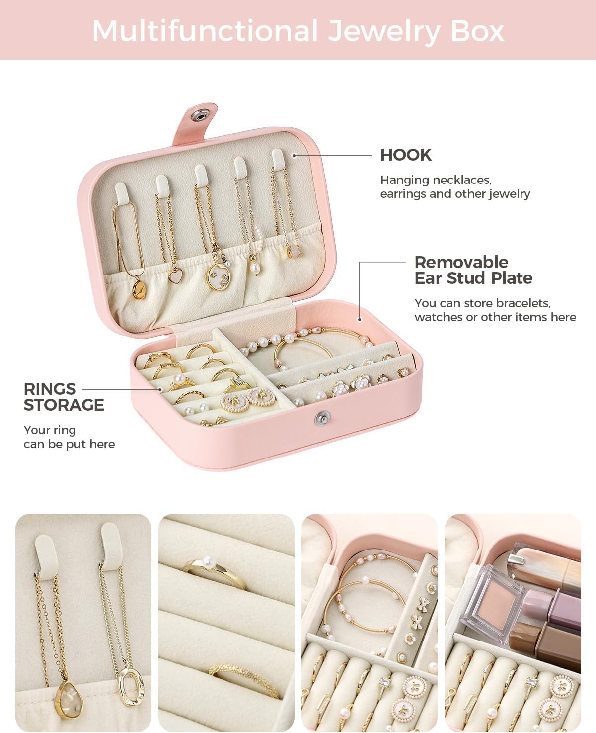 Travel Jewelry Case, Double Layer Travel Jewelry Organizer for Necklace Earring Rings Jewelry Display Case for Women, White