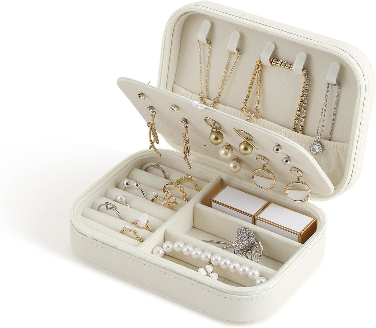 Travel Jewelry Case, Double Layer Travel Jewelry Organizer for Necklace Earring Rings Jewelry Display Case for Women, White