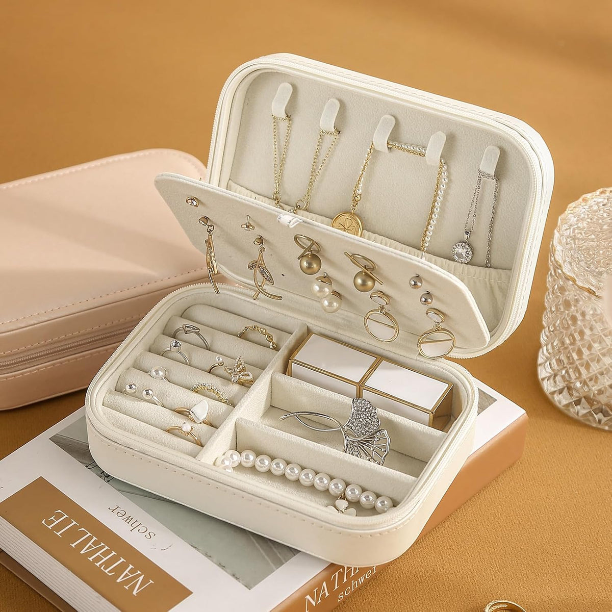Travel Jewelry Case, Double Layer Travel Jewelry Organizer for Necklace Earring Rings Jewelry Display Case for Women, White