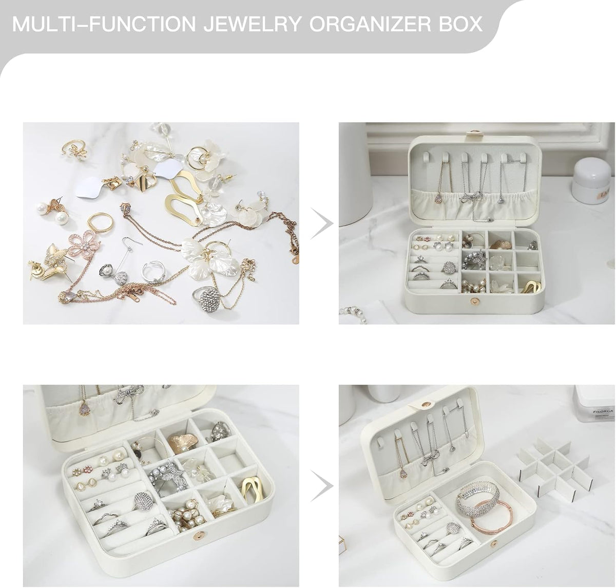 Travel Jewelry Case, Double Layer Travel Jewelry Organizer for Necklace Earring Rings Jewelry Display Case for Women, White