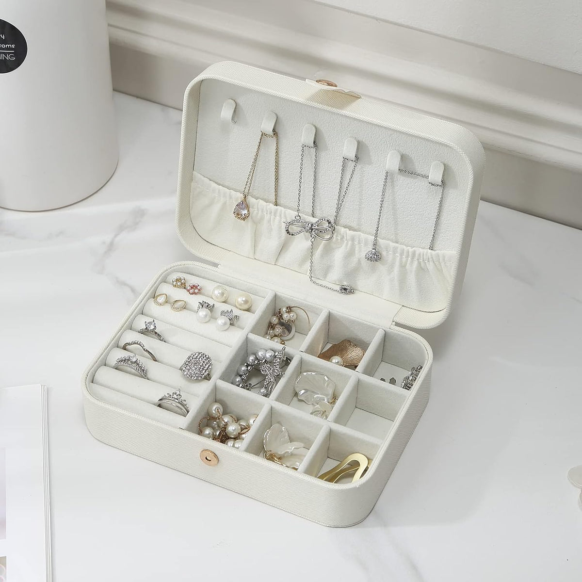 Travel Jewelry Case, Double Layer Travel Jewelry Organizer for Necklace Earring Rings Jewelry Display Case for Women, White
