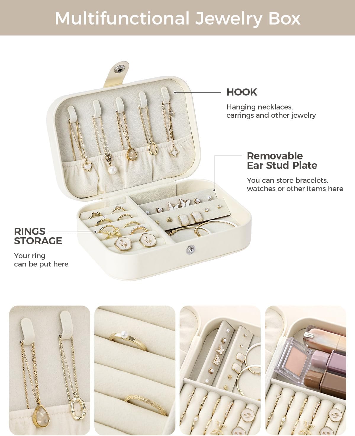 Travel Jewelry Case, Double Layer Travel Jewelry Organizer for Necklace Earring Rings Jewelry Display Case for Women, White