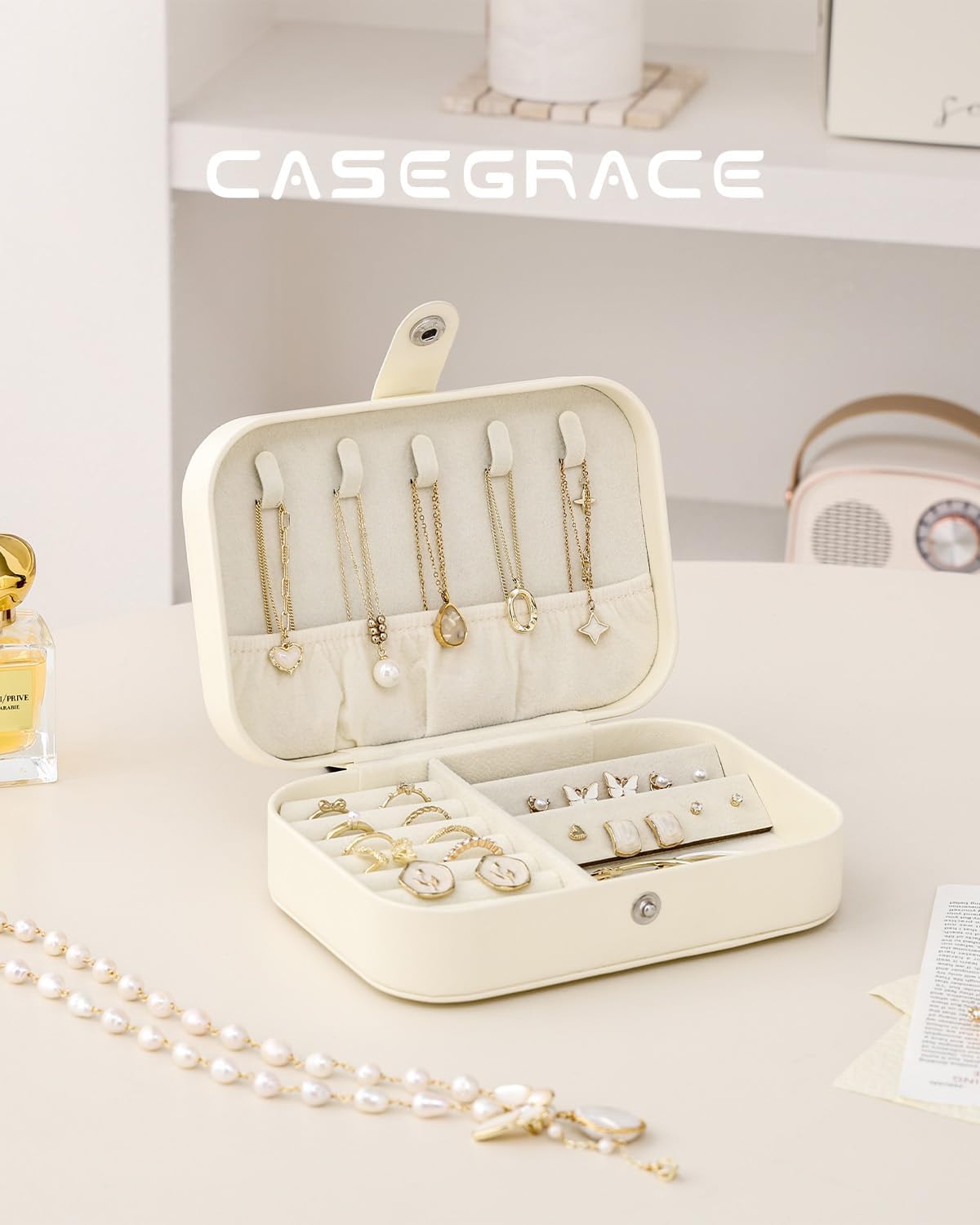 Travel Jewelry Case, Double Layer Travel Jewelry Organizer for Necklace Earring Rings Jewelry Display Case for Women, White