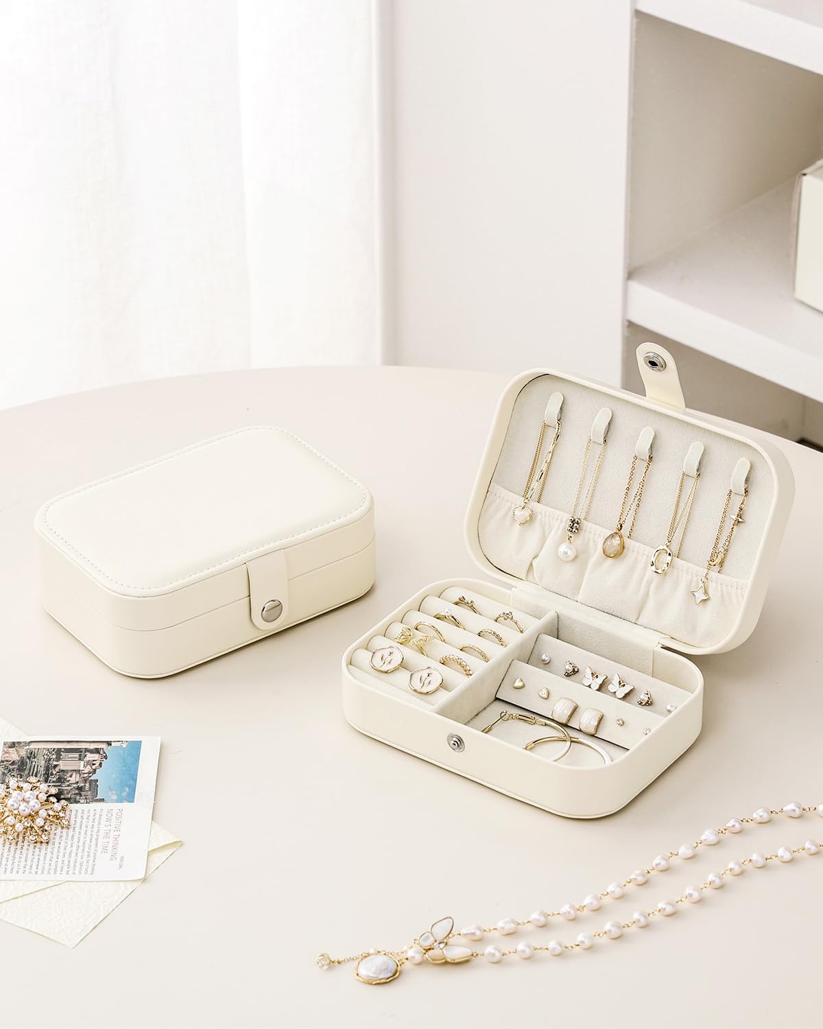 Travel Jewelry Case, Double Layer Travel Jewelry Organizer for Necklace Earring Rings Jewelry Display Case for Women, White