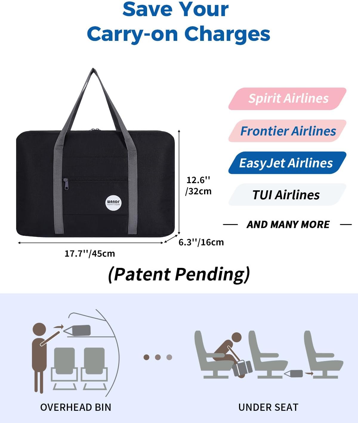 Personal Item Travel Bag, Carry On Duffle Bag Women | 18x14x8 inches, Frontier Airline Underseat Fit, Weekend Overnight Trips, Lightweight Packable