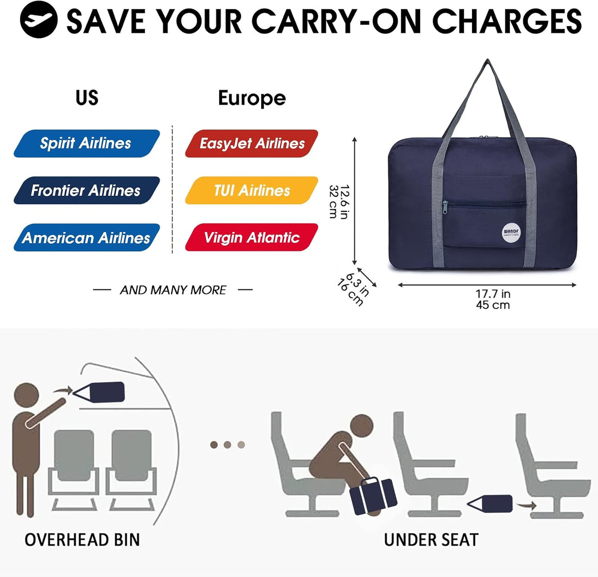 Personal Item Travel Bag, Carry On Duffle Bag Women | 18x14x8 inches, Frontier Airline Underseat Fit, Weekend Overnight Trips, Lightweight Packable