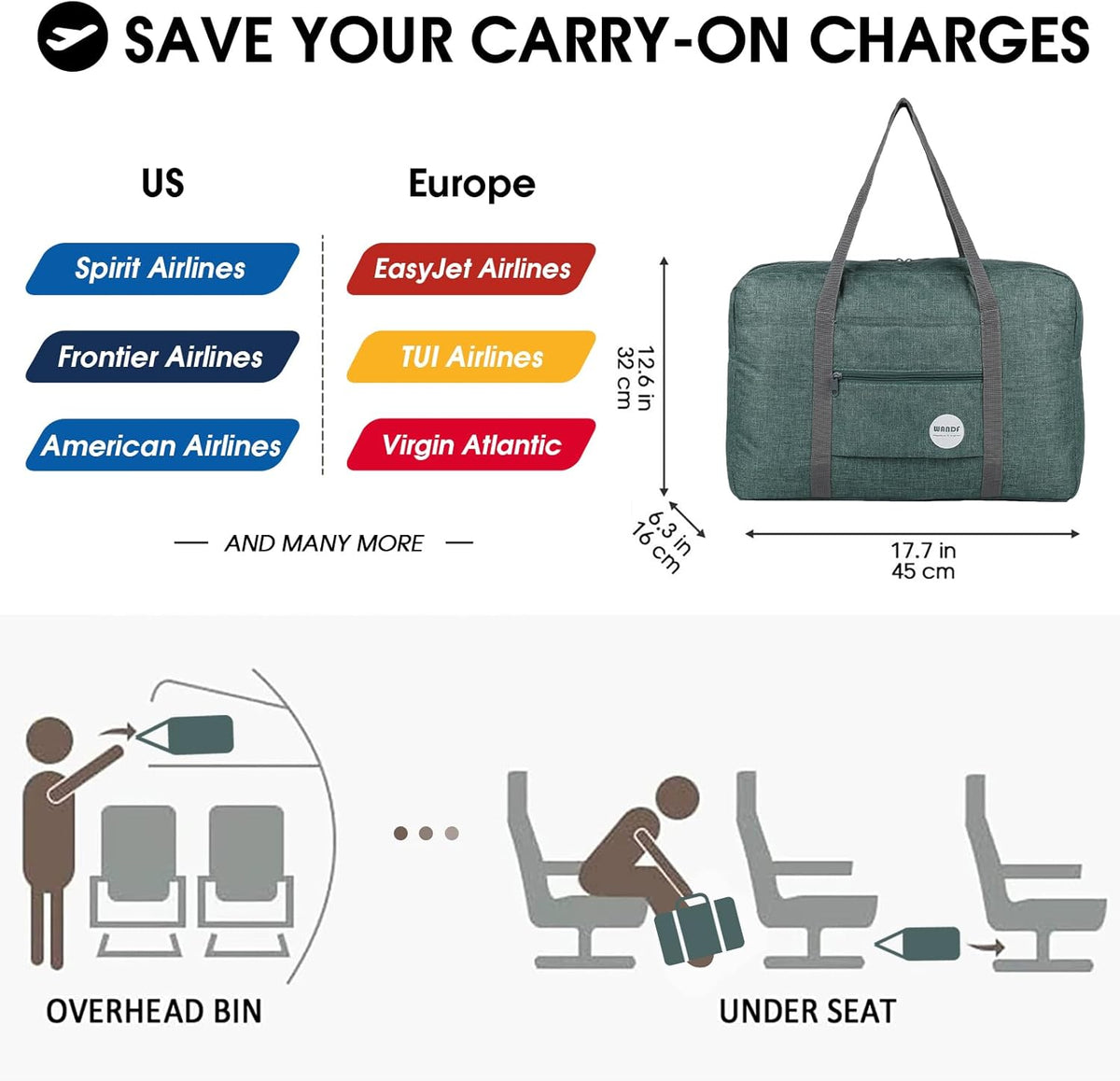 Personal Item Travel Bag, Carry On Duffle Bag Women | 18x14x8 inches, Frontier Airline Underseat Fit, Weekend Overnight Trips, Lightweight Packable