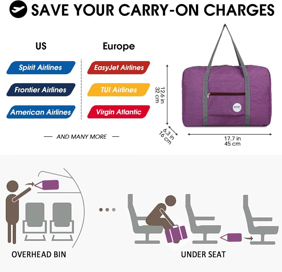 Personal Item Travel Bag, Carry On Duffle Bag Women | 18x14x8 inches, Frontier Airline Underseat Fit, Weekend Overnight Trips, Lightweight Packable