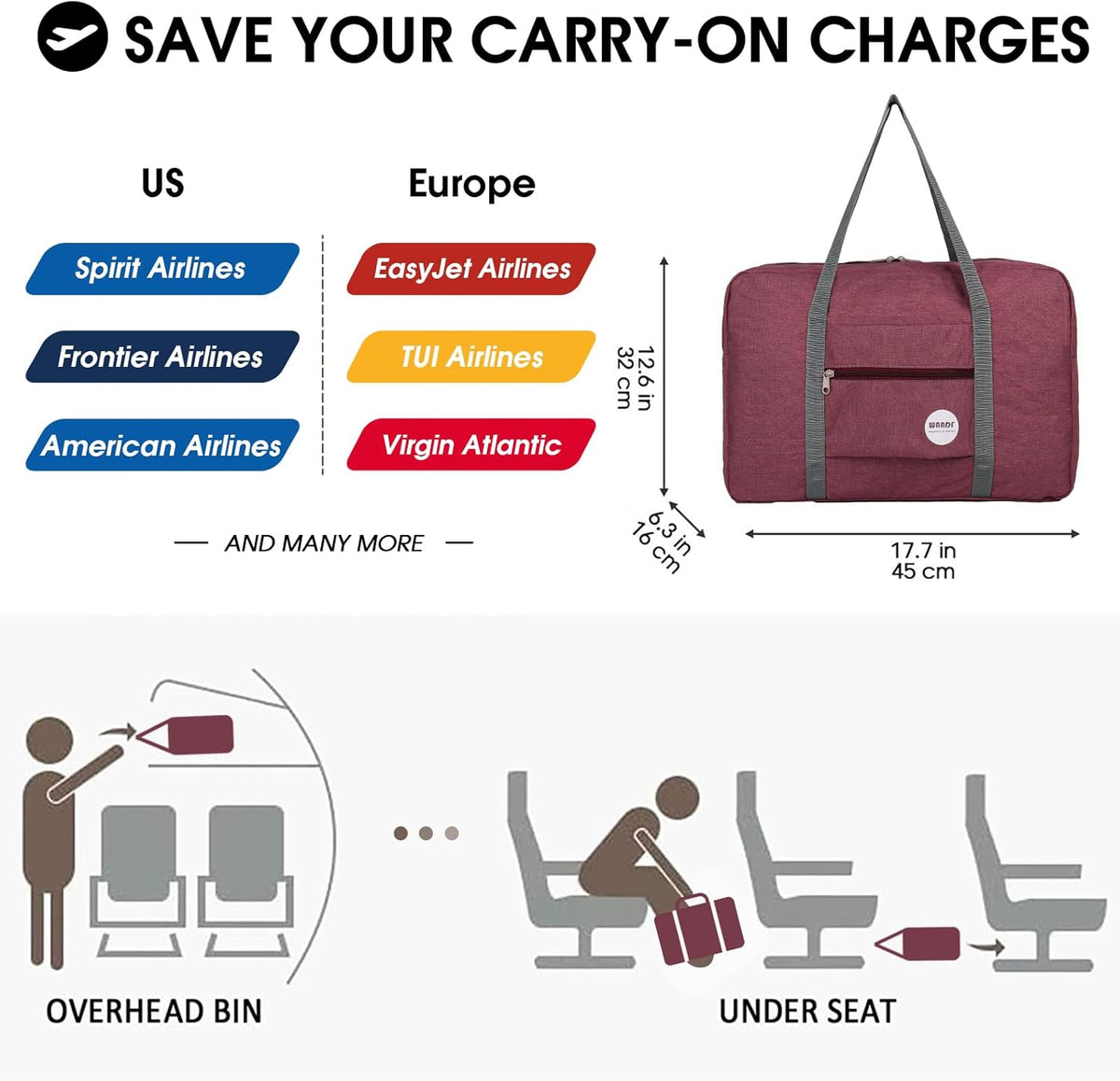 Personal Item Travel Bag, Carry On Duffle Bag Women | 18x14x8 inches, Frontier Airline Underseat Fit, Weekend Overnight Trips, Lightweight Packable