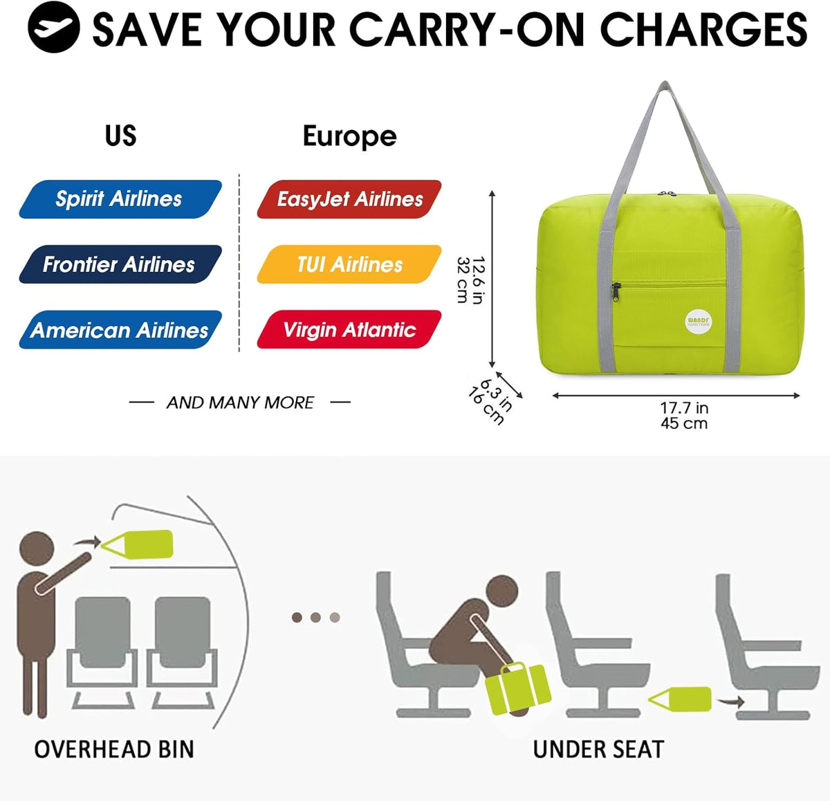 Personal Item Travel Bag, Carry On Duffle Bag Women | 18x14x8 inches, Frontier Airline Underseat Fit, Weekend Overnight Trips, Lightweight Packable