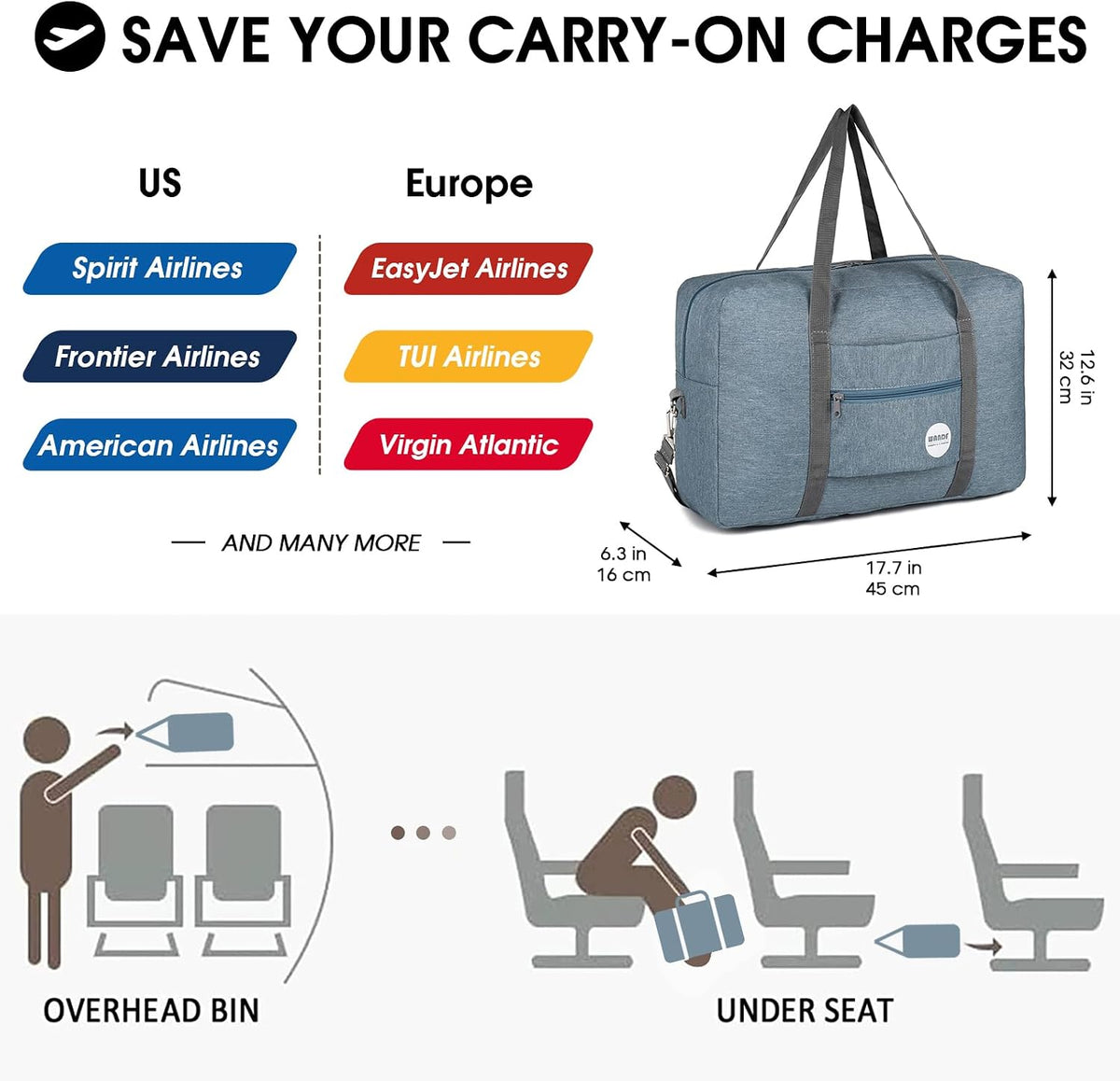 Personal Item Travel Bag, Carry On Duffle Bag Women | 18x14x8 inches, Frontier Airline Underseat Fit, Weekend Overnight Trips, Lightweight Packable
