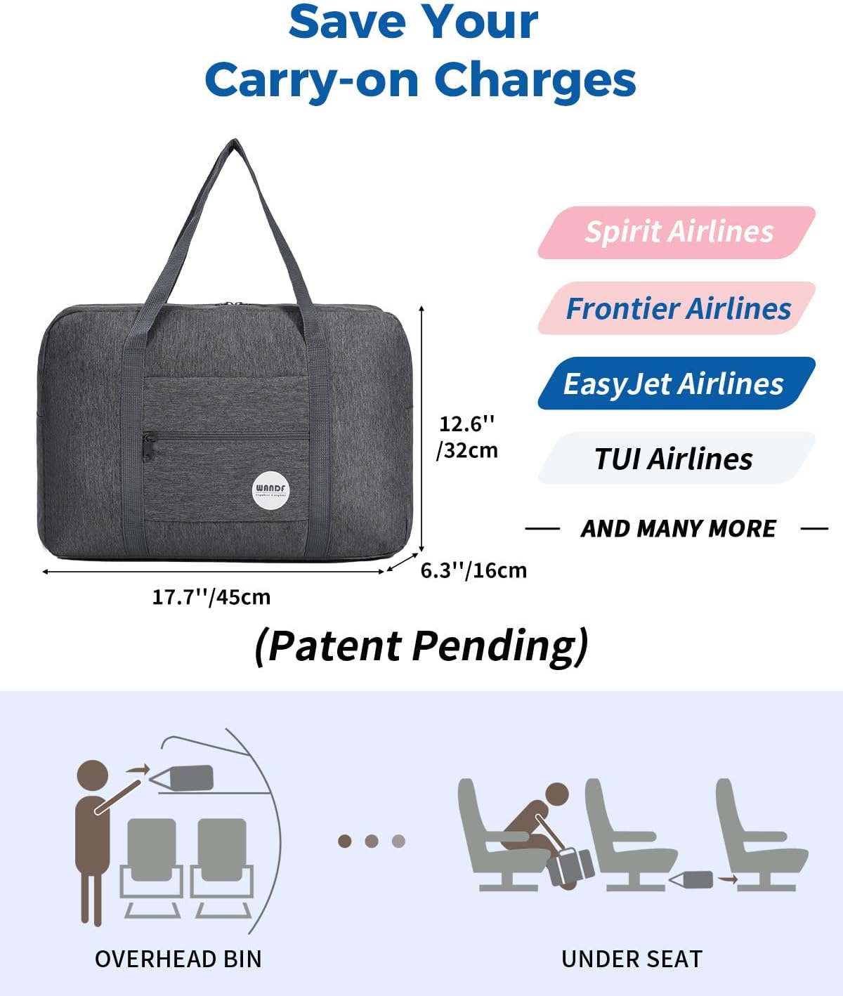 Personal Item Travel Bag, Carry On Duffle Bag Women | 18x14x8 inches, Frontier Airline Underseat Fit, Weekend Overnight Trips, Lightweight Packable