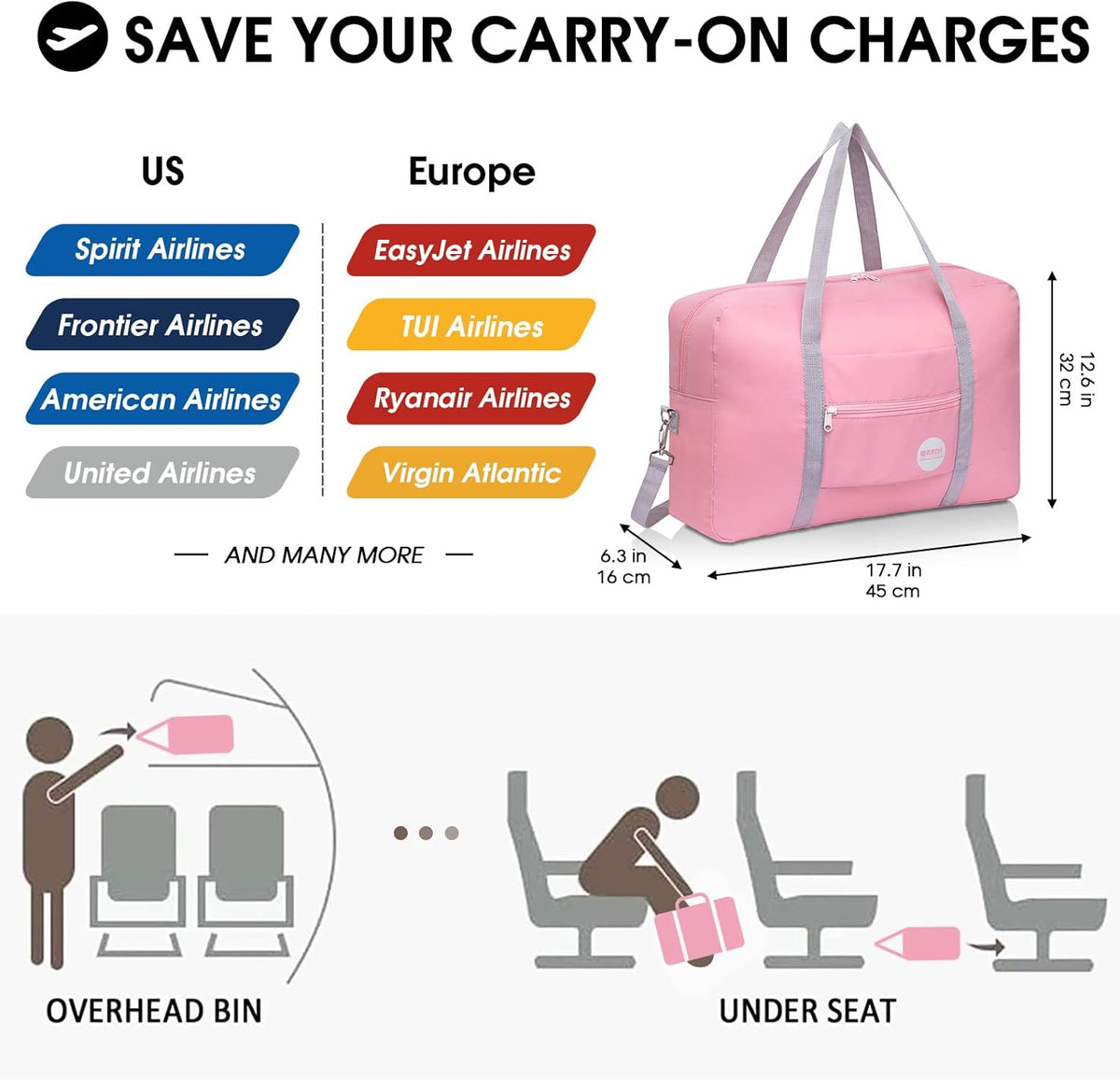 Personal Item Travel Bag, Carry On Duffle Bag Women | 18x14x8 inches, Frontier Airline Underseat Fit, Weekend Overnight Trips, Lightweight Packable